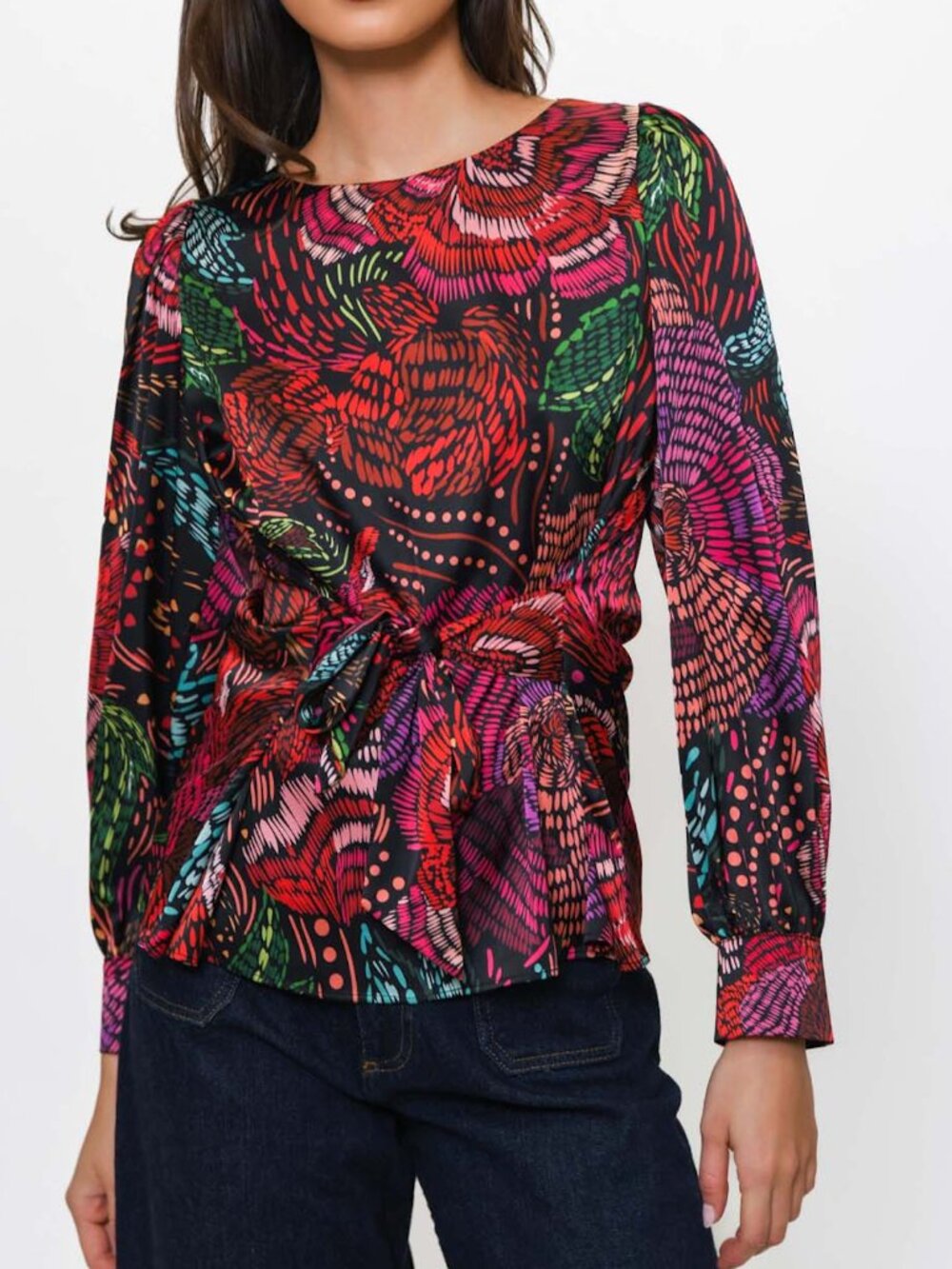 Hutch Sura Satin Tie Detail Long sleeves Blouse Vibrant Multi-Color Floral XXS